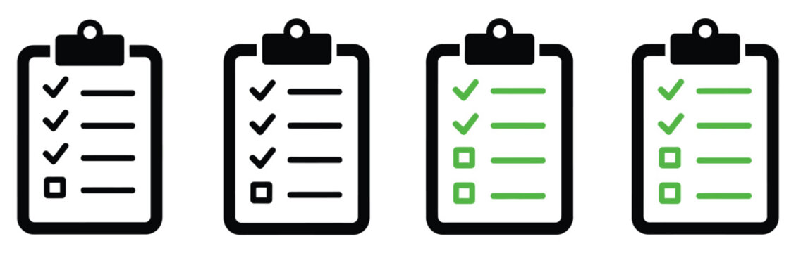 Four clipboards with checklists in black and green, minimal office workflow management concept, task completion tracking boards, modern productivity and to do list illustration for business planning 