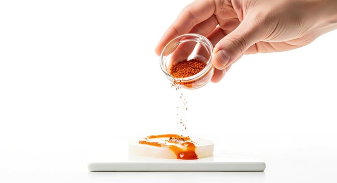 Hand pouring spicy sauce over sliced food on white background  