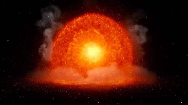 Fiery Explosion of Cosmic Fireball Erupting with Intense Heat and Glowing Particles Against a Dark Void