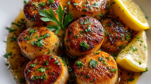 Close-up of Golden Seared Scallops / 黄金色に焼かれたホタテのクローズアップ