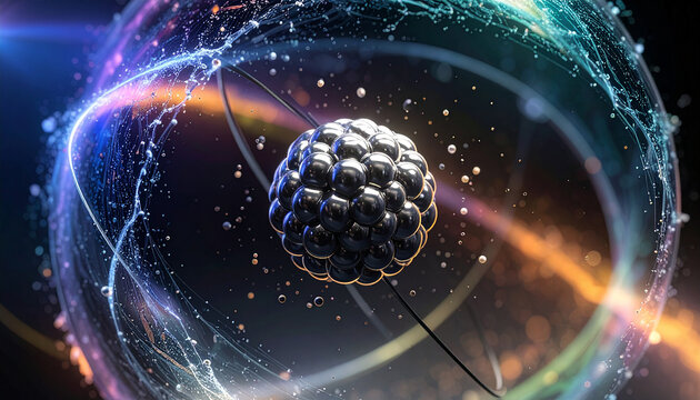 a single carbon atom. The dense central nucleus contains protons and neutrons