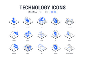 Plakat Technology icons set for infographics diagram - AI and data, AI agent, machine learning, API cloud integration, server, database, security - isometric vector minimal blue and black isolated on white