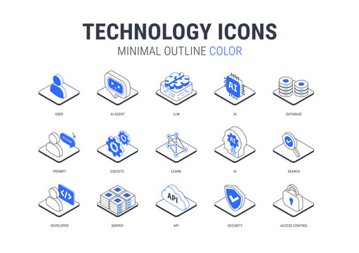 Technology icons set for infographics diagram - AI and data, AI agent, machine learning, API cloud integration, server, database, security - isometric vector minimal blue and black isolated on white