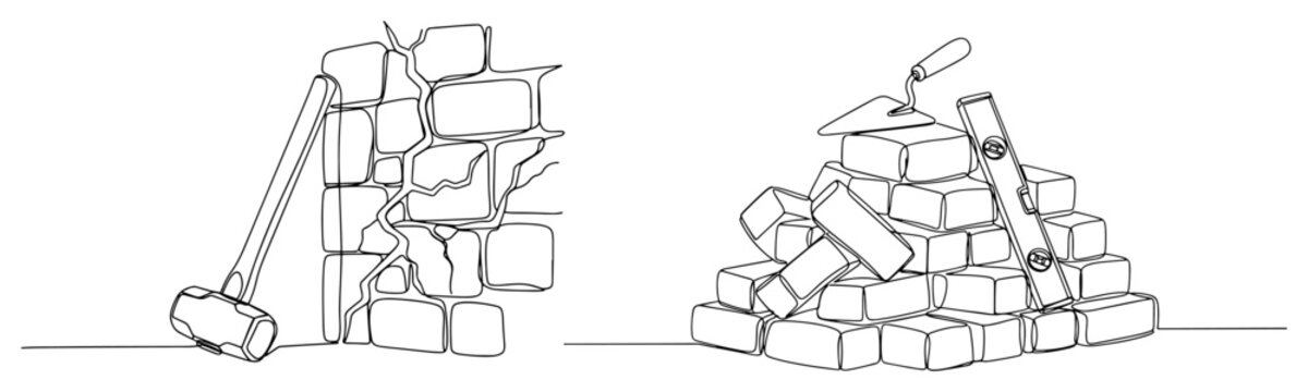 Continuous one line drawing of construction tools with brick wall and trowel for masonry work
