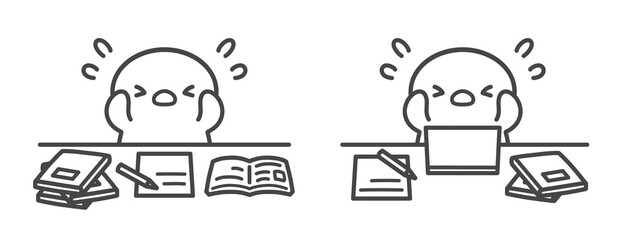 勉強や仕事で頭を抱えて焦るひよこの手書き線画イラストセット © Nitomaru