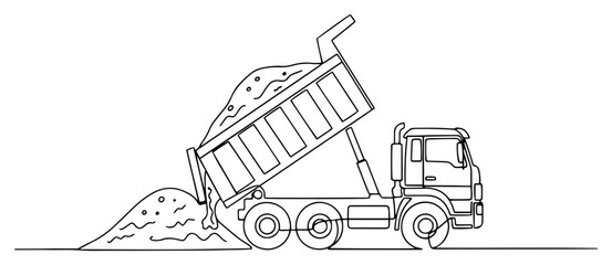 Single line art of a heavy duty dump truck unloading sand on a construction site © Alicja