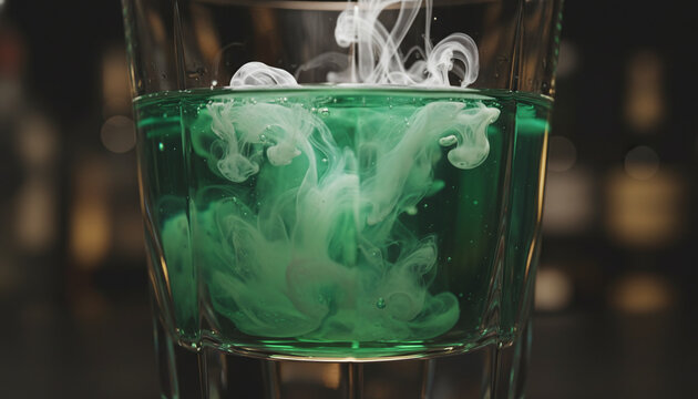 Absinthe louche effect swirling opalescent milky cloud in emerald green liquid