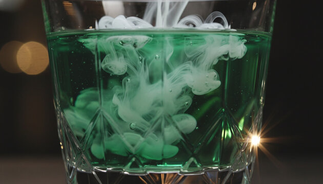 Absinthe louche effect swirling opalescent milky cloud in emerald green liquid