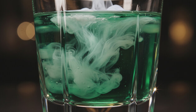 Absinthe louche effect swirling opalescent milky cloud in emerald green liquid
