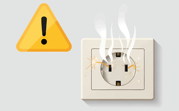 Overheating electrical outlet with smoke and warning sign.