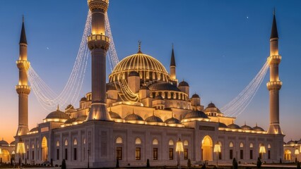 Fototapeta premium Grand architecture at twilight showcasing illuminated domes and minarets against a clear sky