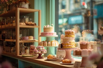 Fototapeta premium Cozy pastry shop display with tiered cakes, croissants, tarts, and cupcakes in pastel tones