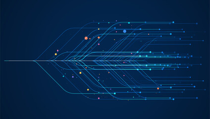 Glowing blue data flow lines spreading from a central source with scattered particles, representing big data processing, analytics, and high speed digital transmission © natrot