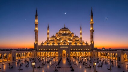 Obraz premium Grand illuminated mosque at dusk architectural exterior people praying religious building night scene