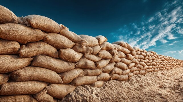 A formidable sandbag fortification creating a robust defensive barrier under a cloudy blue sky