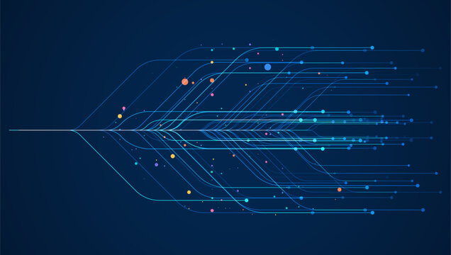 Glowing blue data flow lines spreading from a central source with scattered particles, representing big data processing, analytics, and high speed digital transmission