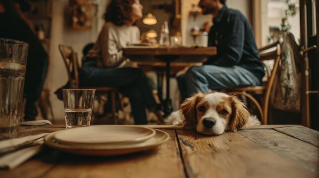 Cozy restaurant moment: a couple dining with their dog under the table