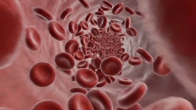 Microscopic view of red blood cells flowing through a blood vessel 2.