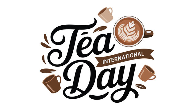 International Tea Day hand lettering typography with teacup teapot coffee cup elements decorative illustration for cafe menu poster banner social media design template