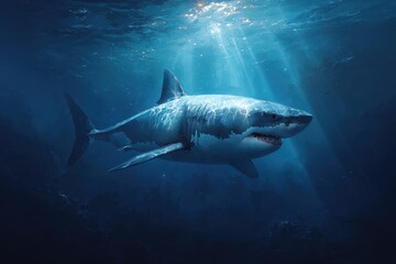 Fototapeta premium Deep Ocean Shark Illustration: Great White Gliding Through Abyssal Blues