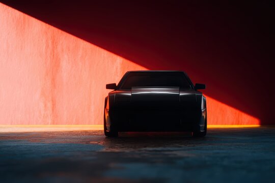 壁に暖かい光がある影のヴィンテージスポーツカー