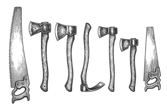 Woodland tools arranged as axes and saws for lumberjack setup. Hand drawn vintage engraved, vector illustration.