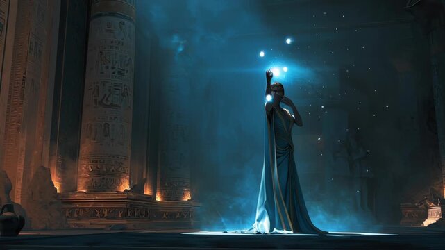 Ancient Egyptian Goddess Isis Performing Ritual in Temple with Torchlit Atmosphere and Hieroglyphic Decor