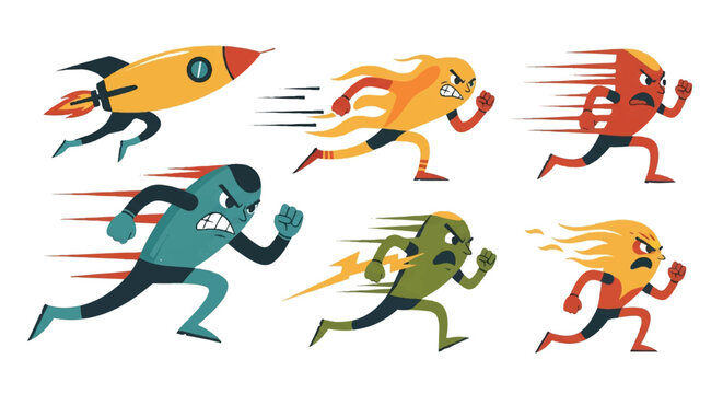 Cartoon characters racing with speed lines vector illustration