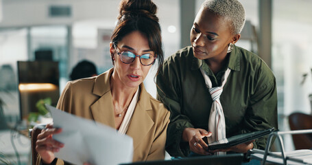 Women, tablet and team with documents in office for budget, review or report for project at finance...