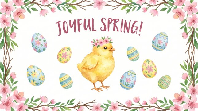 Joyful spring! stylish modern watercolor painting of adorable spring chick with floral crown, decorated eggs pattern, blossoms, foliage, and twigs border for card, backdrop, or invitation