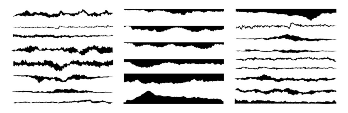 Jagged torn paper rip edge effect on clean black recycled sheet texture. Cardboard tear edge kit bundle. Vector collection includes page piece blank card tag label banner divider claw cut line.