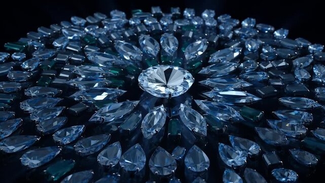Radiant Round Cut Diamond Centerpiece Surrounded by Assorted Faceted Gemstones on Reflective Surface with Dramatic Lighting and Lens Flares