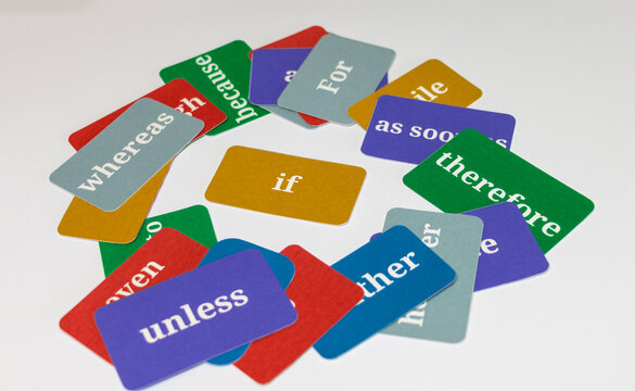 English word cards on white background