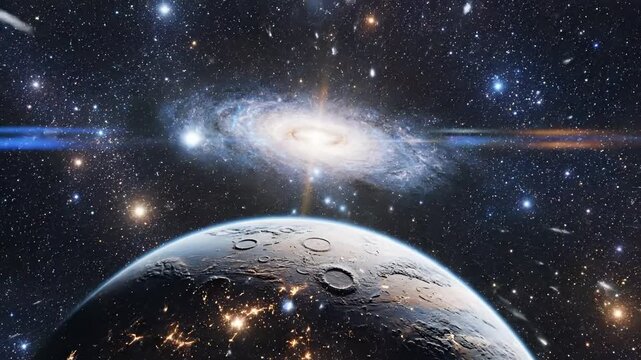Vast Cosmic Nebula and Distant Galaxy with Earth View.