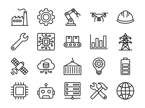 Industrial and technology icons featuring factory robot arm drone industry industrial technology automation aircraft autopilot cogwheel microchip computer hardware container shipping