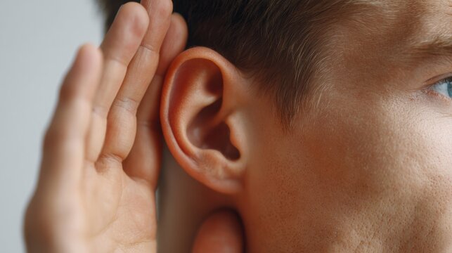 Male figure with light brown hair leans in with hand cupped to ear, focusing on listening intently, soft lighting highlighting facial features and skin texture