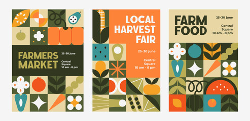 Farmer market advertising poster designs set. Promotion with grid of abstract farm food, geometric fruit and vegetables in cubism style. Neo geo layouts of grocery store ad. Flat vector illustrations © Paper Trident