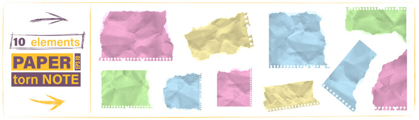 Obraz premium Torn ripped notebook colorful papers teture with cut sheets collage piece. Realistic blank tear edge effect blue green pink crumpled cardboard. Vector scraps set, yellow arrow pen underline scribble.