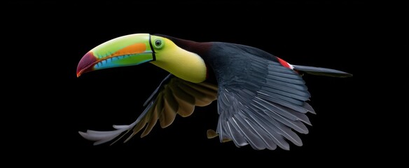 Obraz premium Isolated Keel-billed Toucan gracefully soars showcasing its dazzling multicolored beak and vivid plumage.