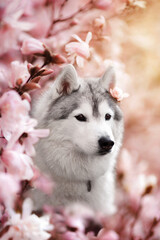 Beautiful Siberian Husky dog portrait in pink magnolia flowers, cute fluffy pet surrounded by spring blossom, adorable grey and white doggy in blooming garden, nature background, soft sunny light © Krystsina