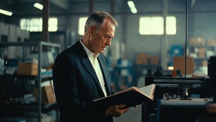 Fototapeta premium Older man reading large book in industrial workshop