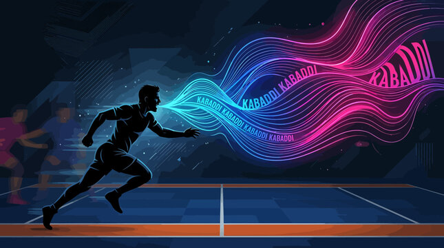Kabaddi sports vector illustration, professional raider athlete silhouette on court, neon light trails with Kabaddi text, dynamic athletic competition