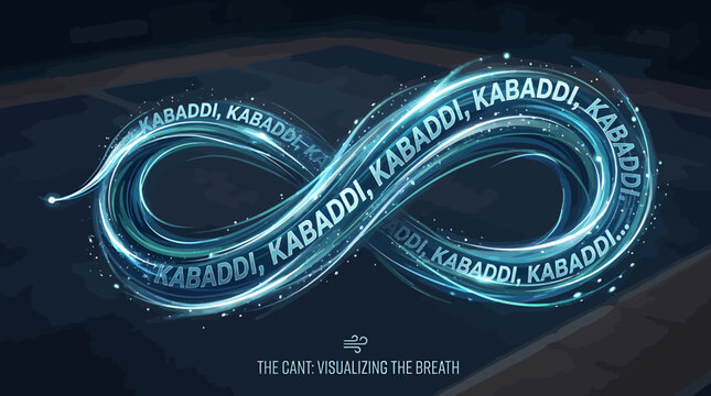 Kabaddi sport infinity symbol with glowing light trails, visualizing the breath cant chant, blue neon energy swirls on dark stadium background