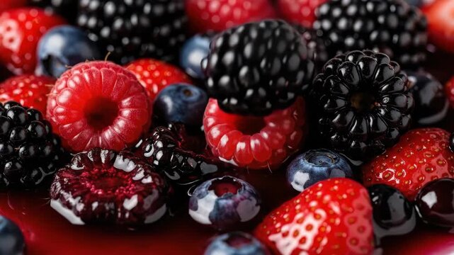 Close up of assorted fresh berries with vibrant colors and rich textures