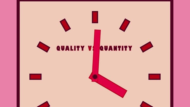 A graphic of a clock face displays the Quality versus Quantity concept, with red hands rotating against a light pink backdrop, suggesting time and decision
