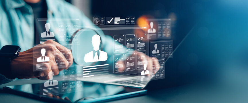 Human resources and recruitment technology concept with digital resume profiles on virtual interface, showcasing candidate selection, talent management, HR analytics,