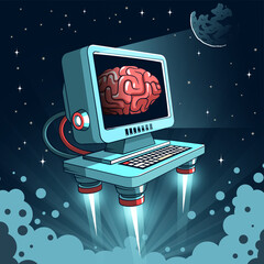 Futuristic computer flying in space with a human brain displayed on the screen representing artificial intelligence, digital mind, and technology evolution. Vector illustration © Agor2012