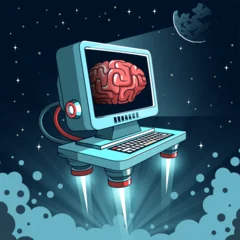 Futuristic computer flying in space with a human brain displayed on the screen representing artificial intelligence, digital mind, and technology evolution. Vector illustration © Agor2012