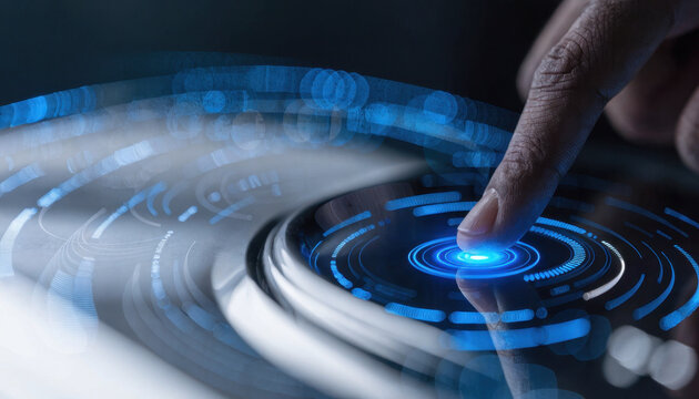 Finger touching glowing blue digital control interface