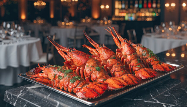Plated cooked lobster on buffet tray garnished with herbs, elegant warm dining scene